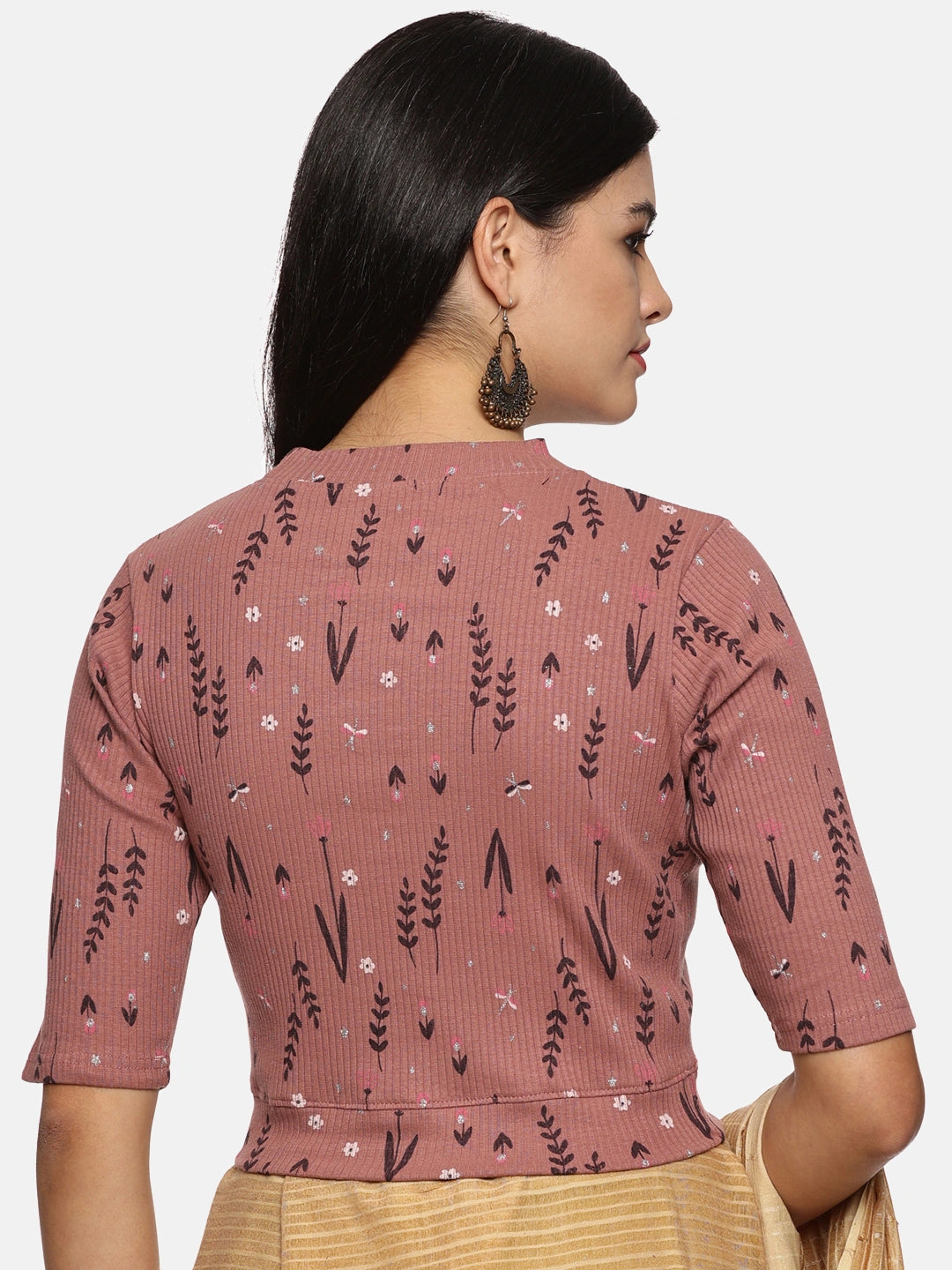 Women Allover Printed Stretchable Elbow Sleeve RIB Blouse UA015 - notyetbyus
