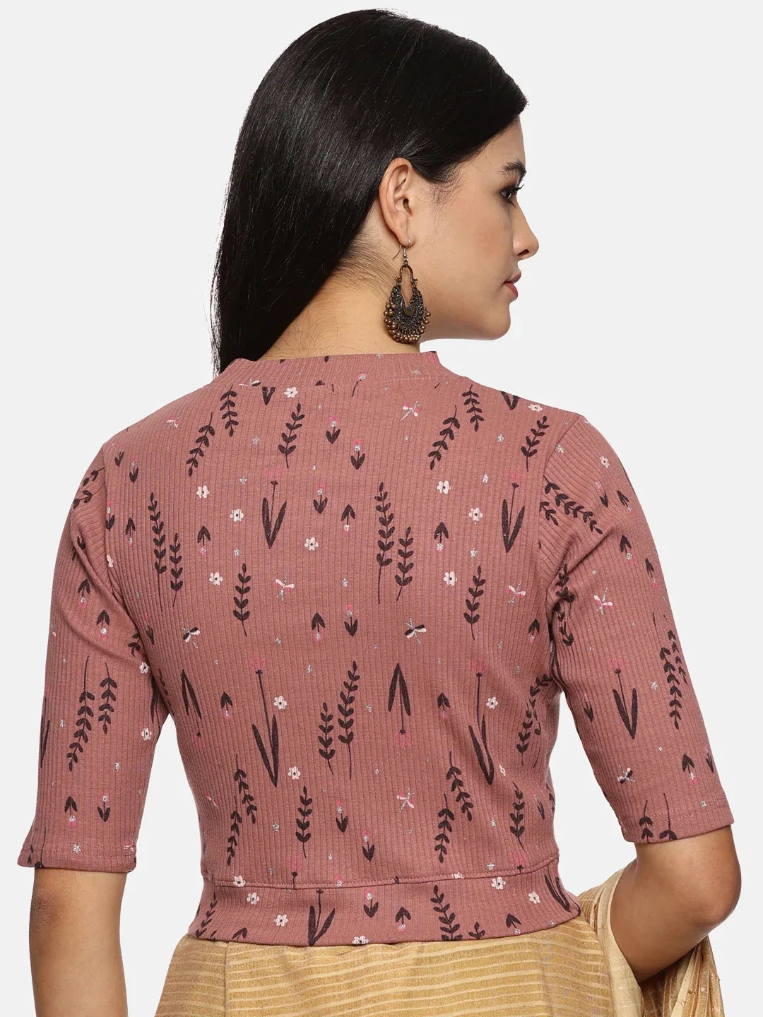 Women Allover Printed Stretchable Elbow Sleeve RIB Blouse UA015 - notyetbyus