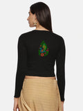 Women Back Printed Stretchable Full Sleeve V Neck RIB Blouse U0187 Black