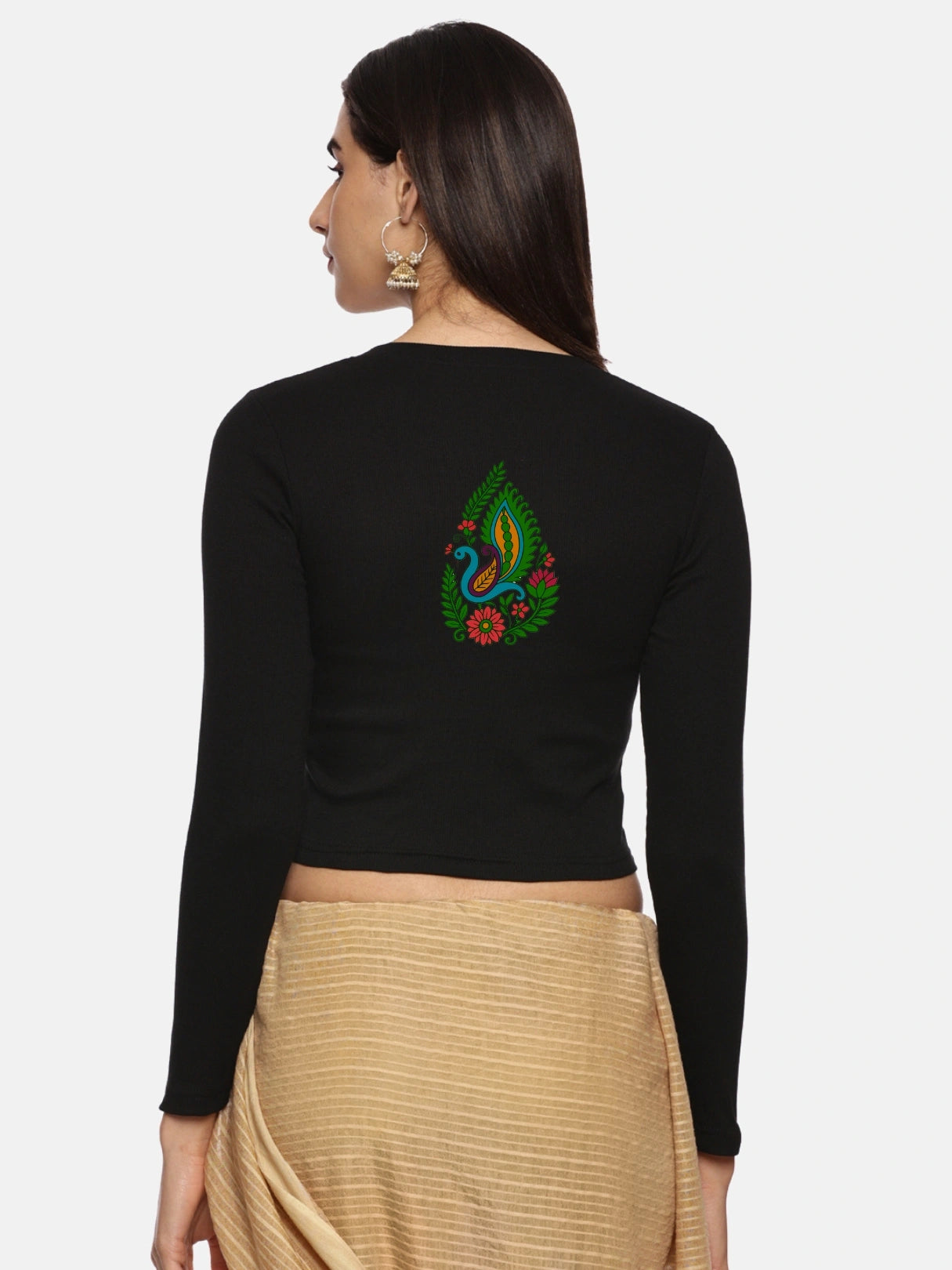 Women Back Printed Stretchable Full Sleeve V Neck RIB Blouse U0187