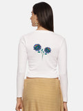 Women Back Printed Stretchable Full Sleeve V Neck RIB Blouse U0216 White