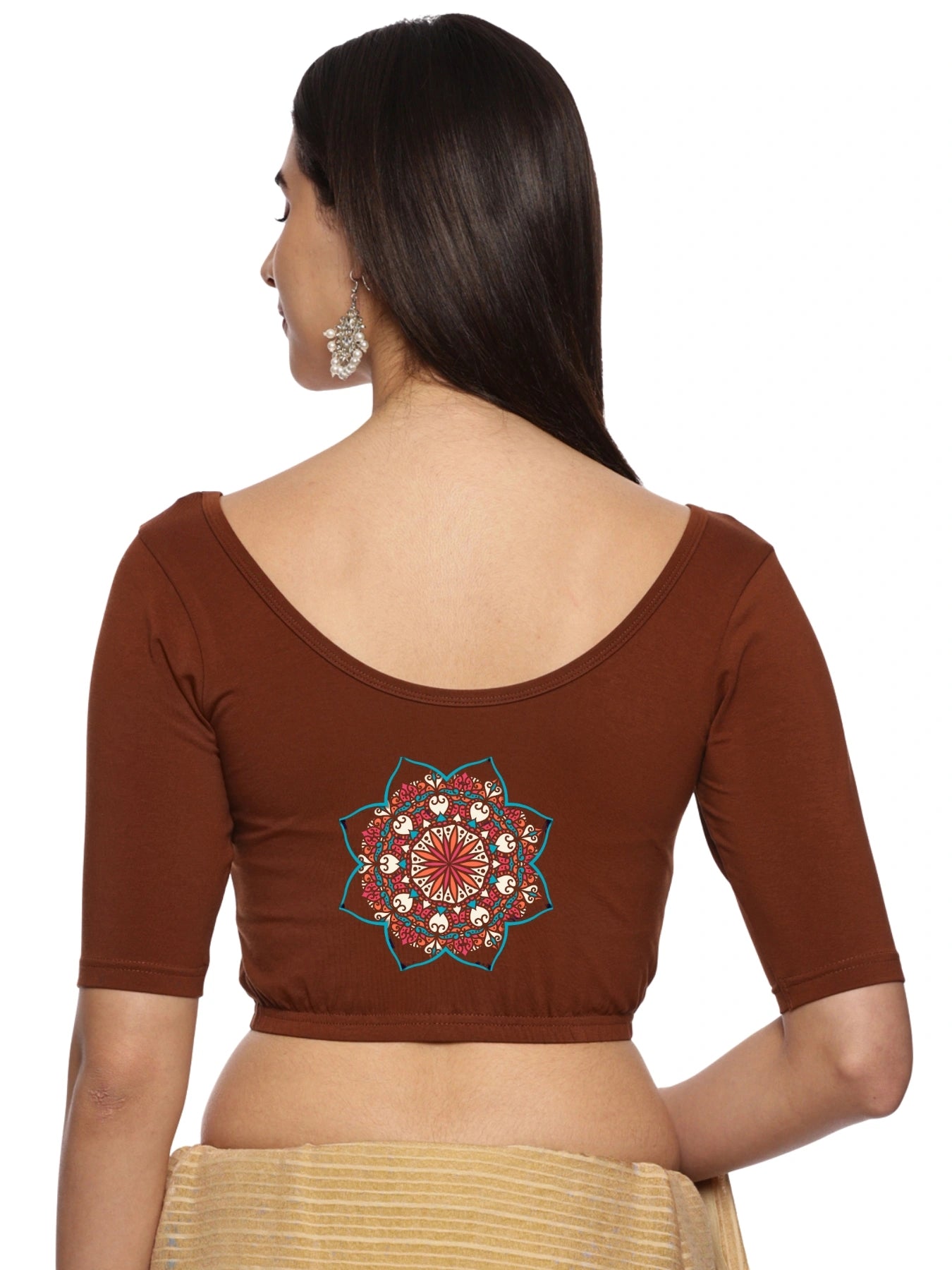 Women Back Printed Stretchable Half Sleeve Blouse U0222 Honey Brown
