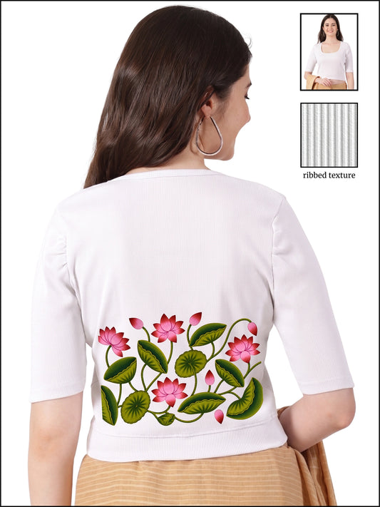 Women Stretchable Rib Square Neck Puff Sleeve Blouse Back Print U0258 White