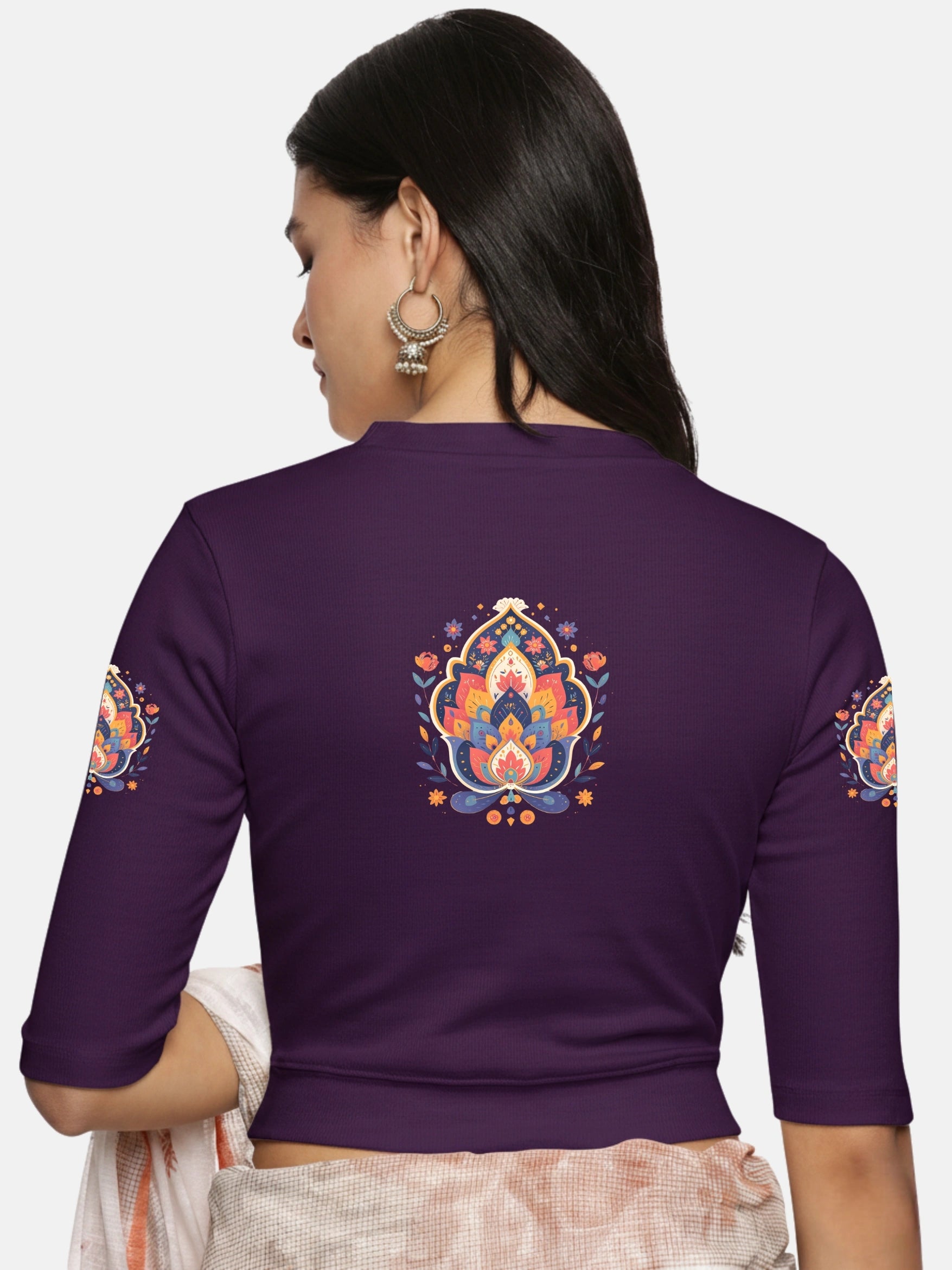 Women Back Printed Stretchable Elbow Sleeve RIB Blouse U0157 - notyetbyus