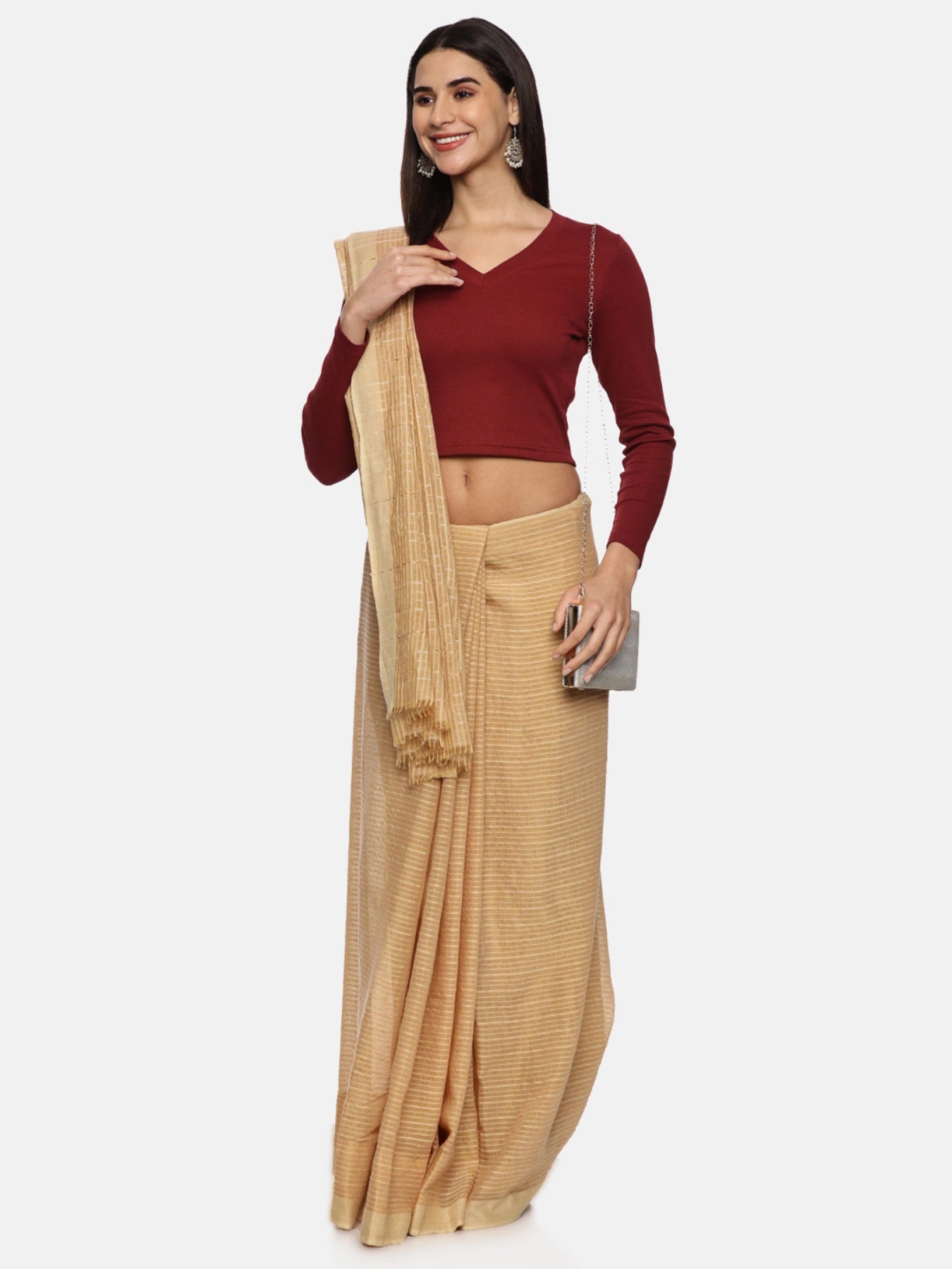 Women Plain Stretchable Full Sleeve V Neck RIB Blouse U0191 Maroon