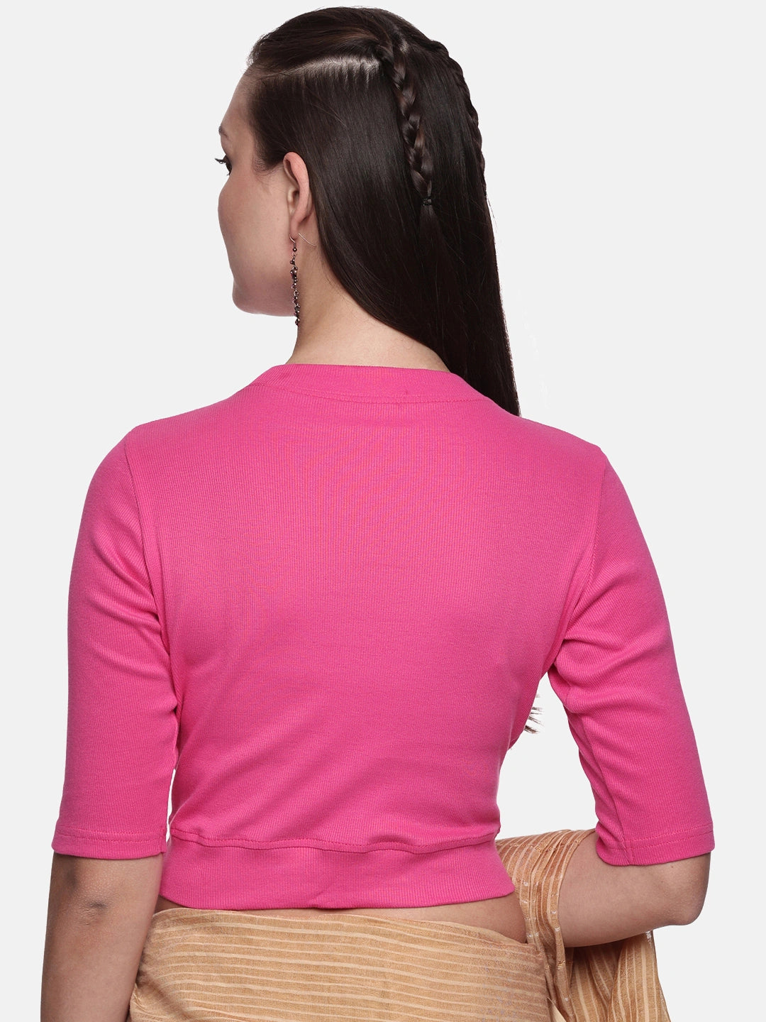 Women Plain Stretchable Elbow Sleeve RIB Blouse U0121 Bubble Gum Pink