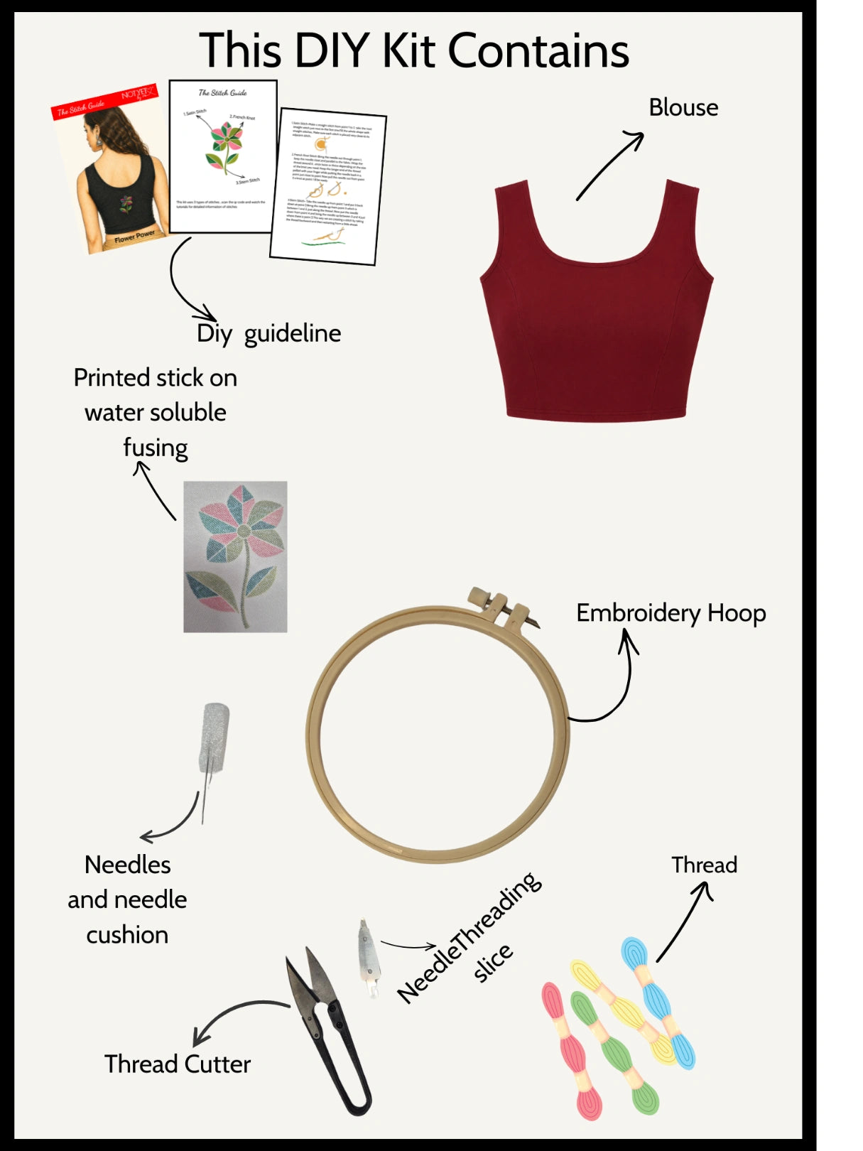 DIY Embroidery Kit with Women Front Open Stretchable Half Sleeve Blouse E03 – White