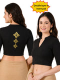 Women Mandarin Collar Back Gold Printed Stretchable Elbow Sleeve Blouse M0275 Black