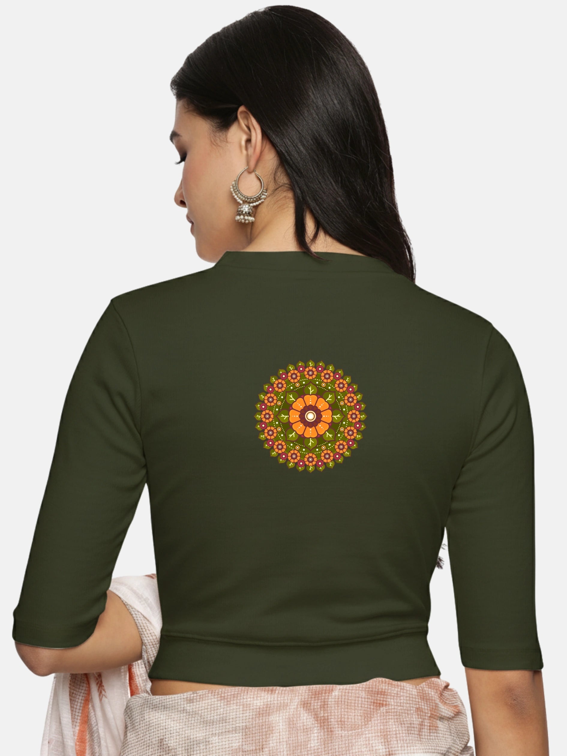 Women Back Printed Stretchable Elbow Sleeve RIB Blouse U0129R - notyetbyus