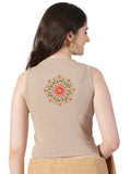 Women Back Printed Stretchable Sleeveless Close Neck RIB Blouse U0236 Chikoo