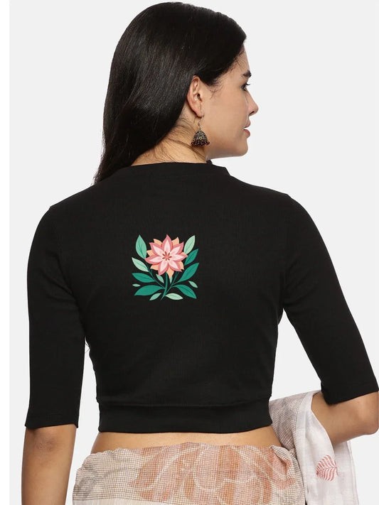 Women Back Printed Stretchable Elbow Sleeve RIB Blouse U0155 - notyetbyus