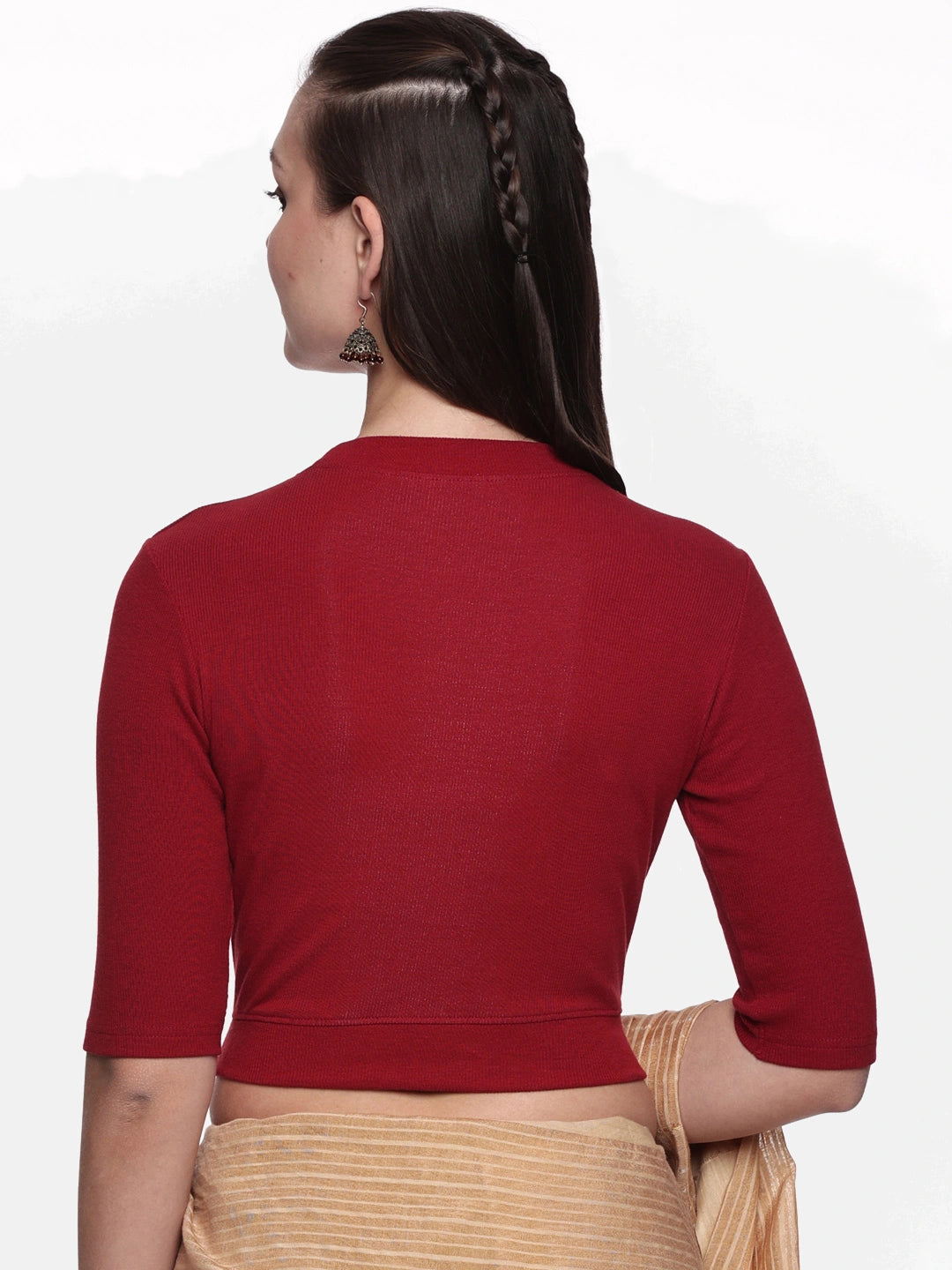 Women Plain Stretchable Elbow Sleeve RIB Blouse U0121 Burgandy
