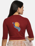 Women Back Printed Stretchable Elbow Sleeve RIB Blouse U0146 Maroon