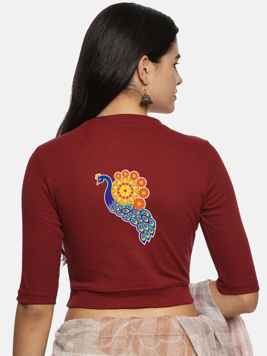 Women Back Printed Stretchable Elbow Sleeve RIB Blouse U0146 - notyetbyus