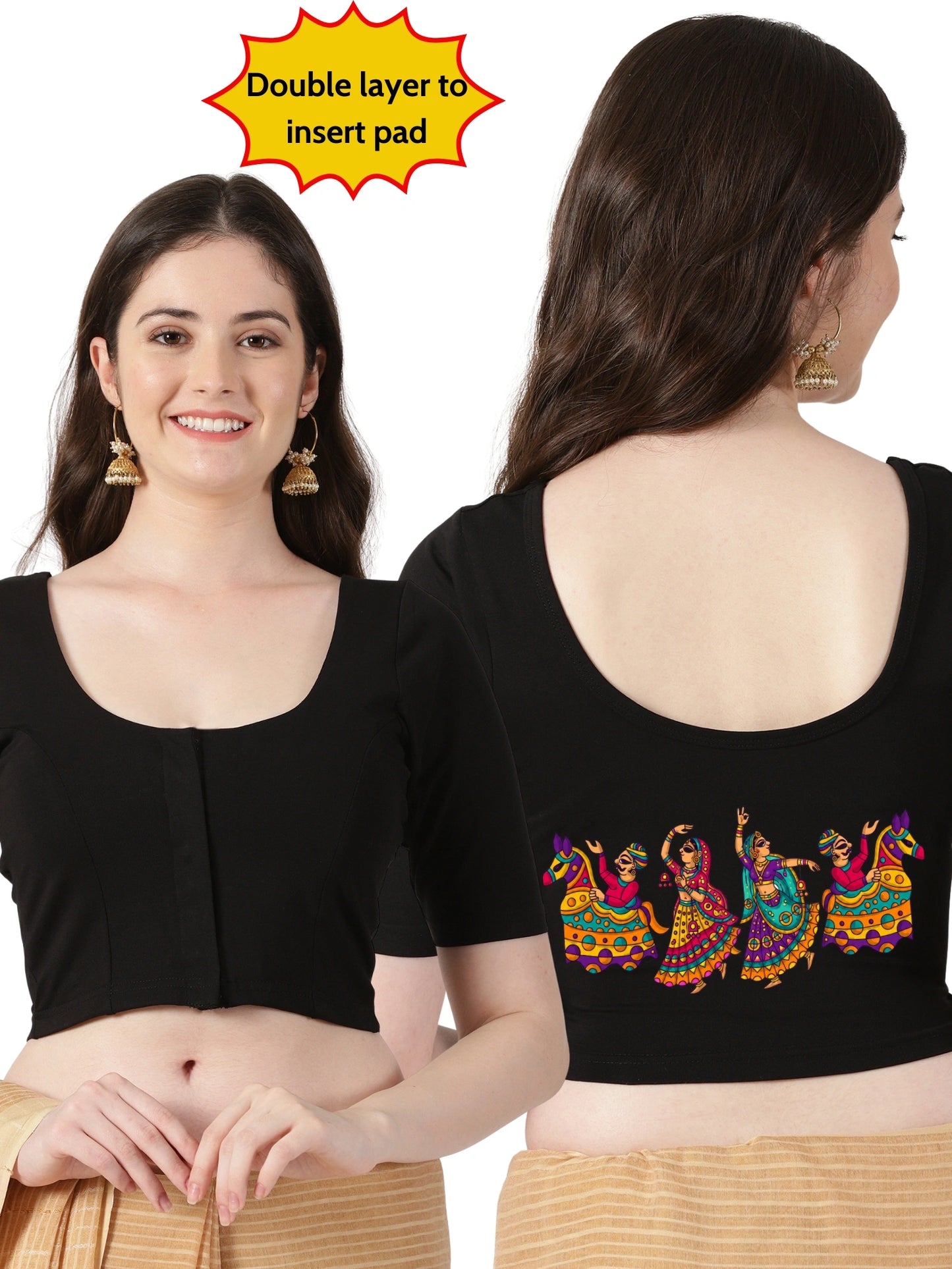 Women Front Open Back Printed Stretchable Half Sleeve Blouse U0260 Black