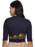 Women Back Printed Stretchable Elbow Sleeve RIB Blouse U0148 Navy