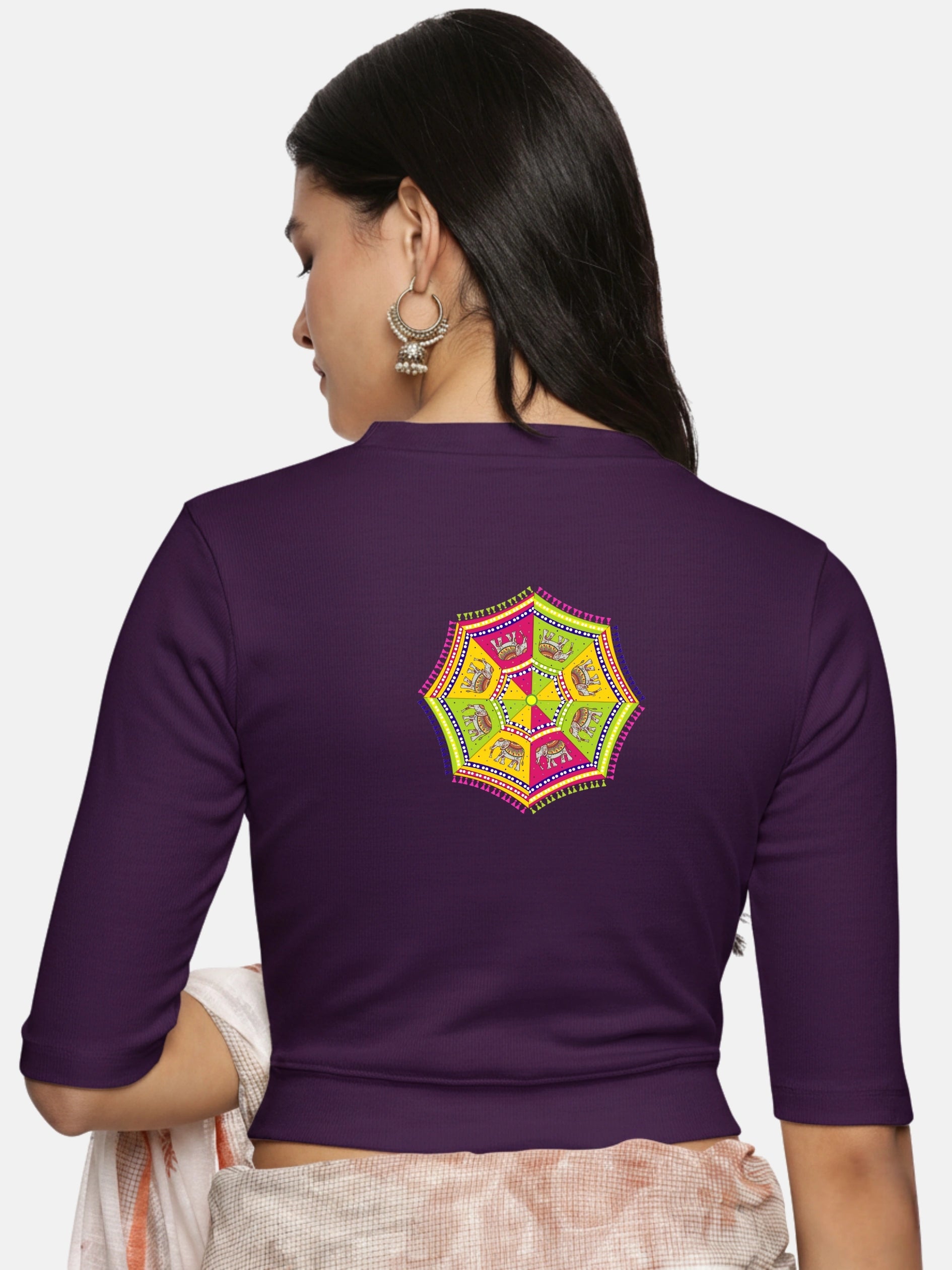 Women Back Printed Stretchable Elbow Sleeve RIB Blouse U0159 - notyetbyus