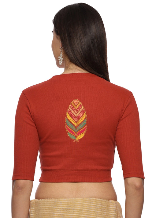 Women Back Printed Stretchable Elbow Sleeve RIB Blouse U0252 Rust