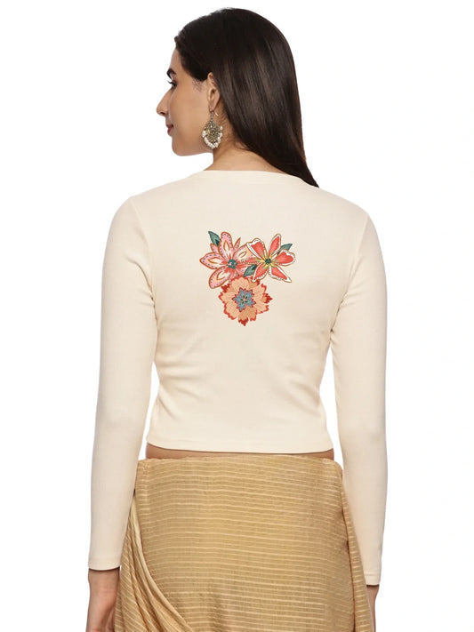 Women Back Printed Stretchable Full Sleeve V Neck RIB Blouse U0214 - notyetbyus