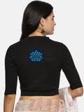 Women Back Printed Stretchable Elbow Sleeve RIB Blouse U0169 Black