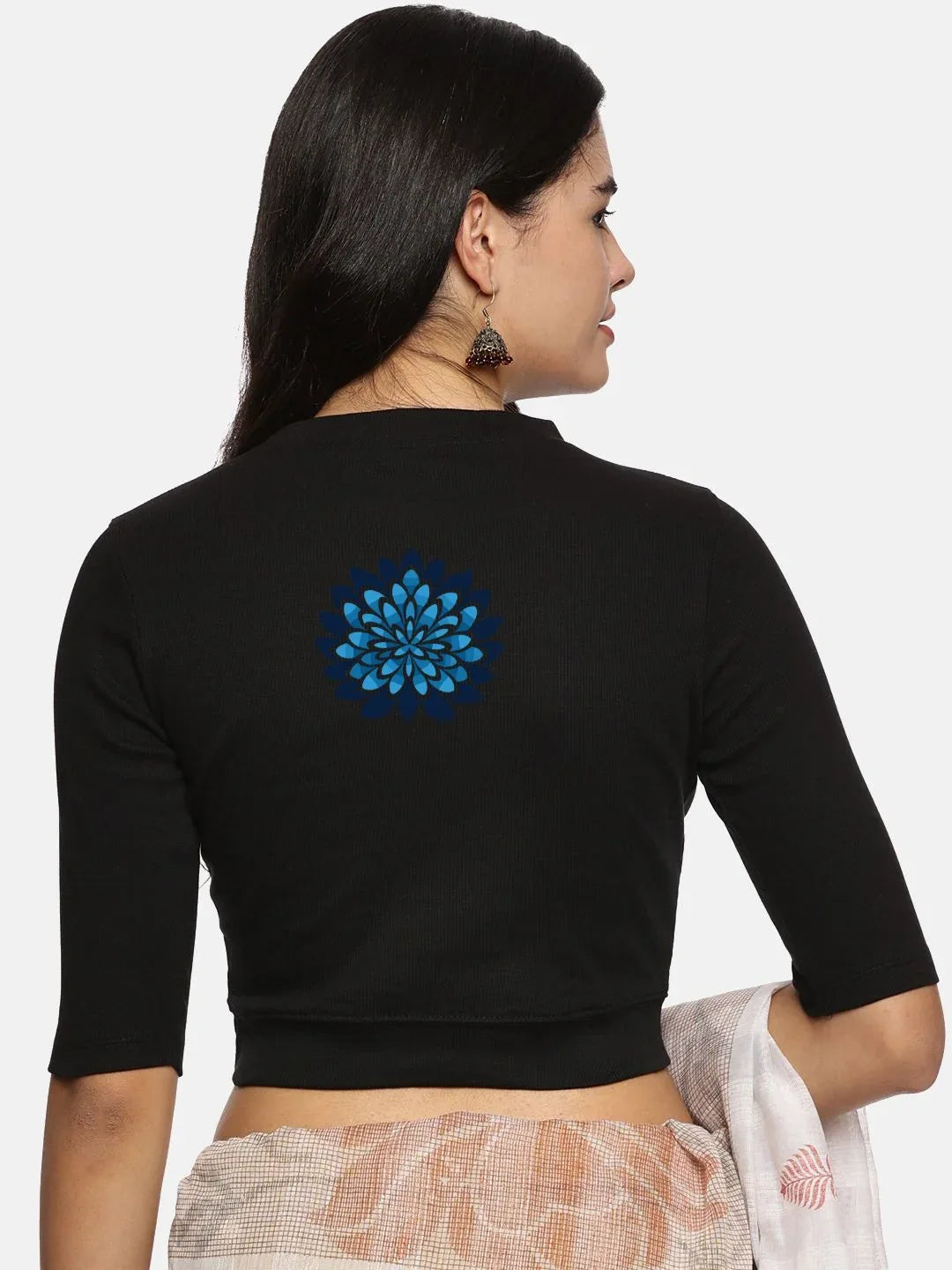 Women Back Printed Stretchable Elbow Sleeve RIB Blouse U0169 - notyetbyus