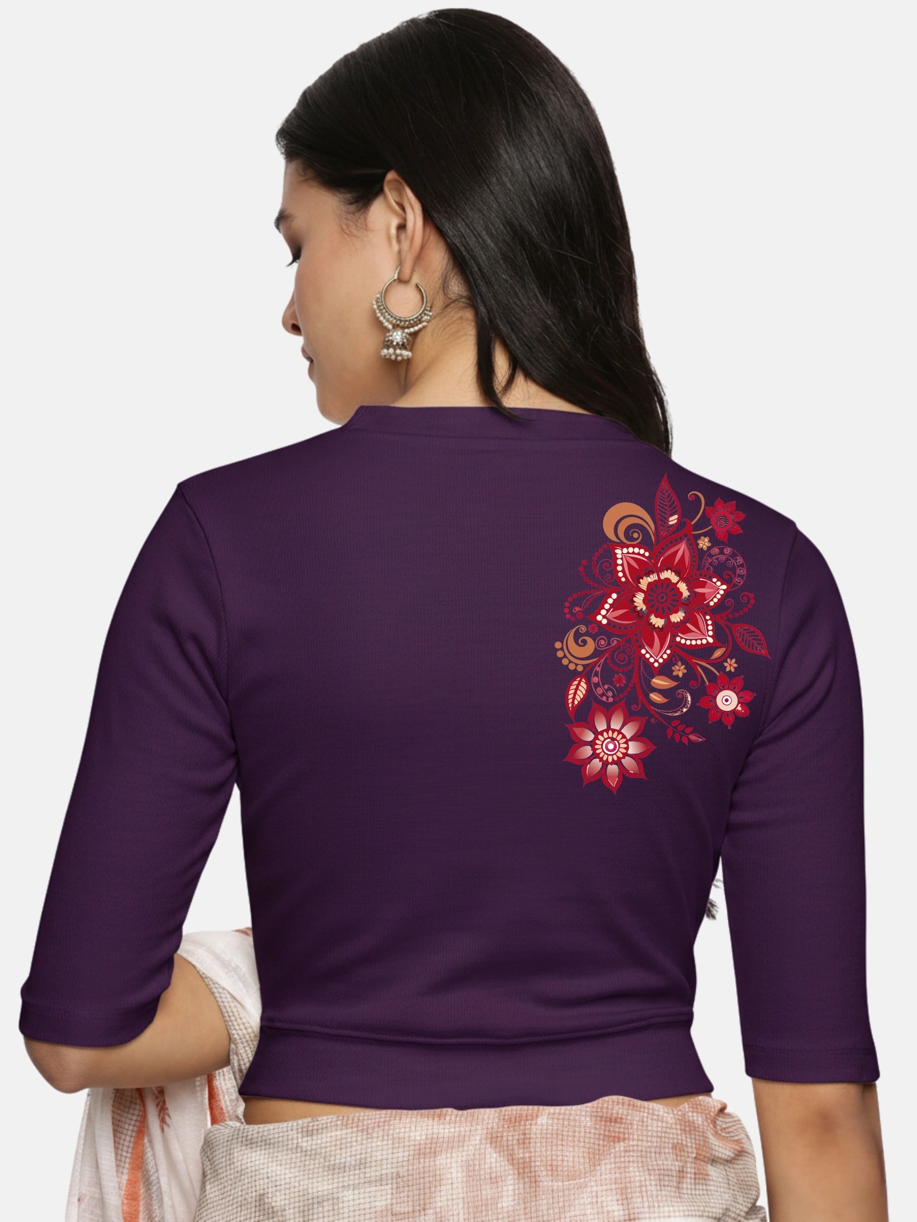 Women Back Printed Stretchable Elbow Sleeve RIB Blouse U0122 - notyetbyus