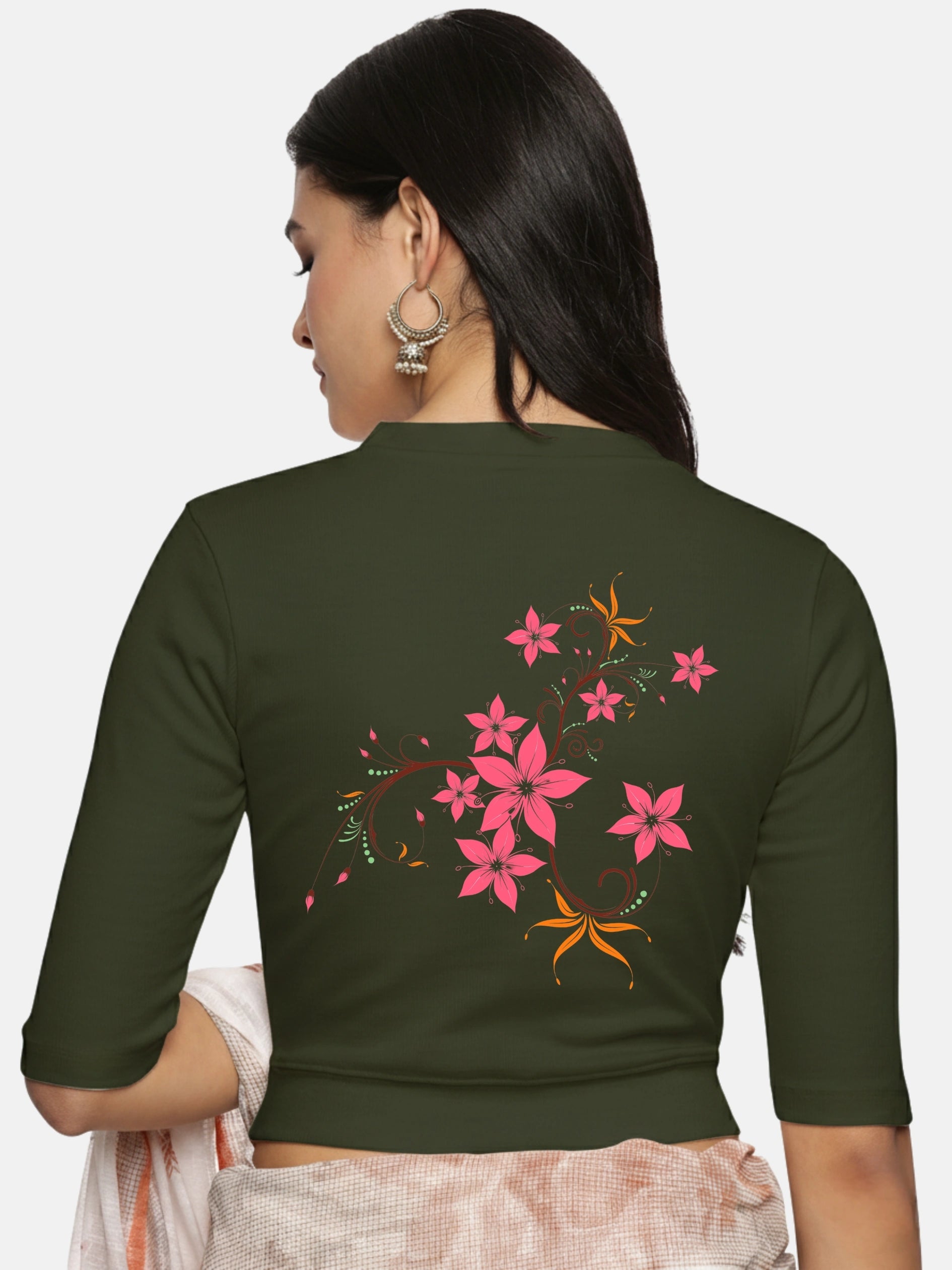 Women Back Printed Stretchable Elbow Sleeve RIB Blouse U0113 - notyetbyus