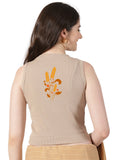 Women Back Printed Stretchable Sleeveless Close Neck RIB Blouse U0239 Chikoo