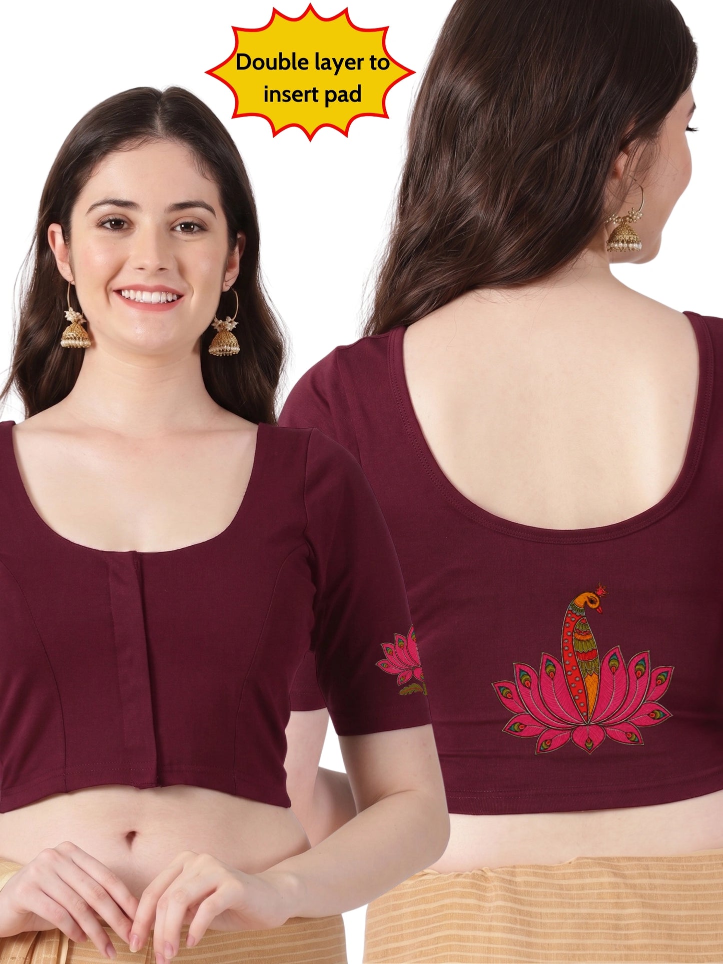 Women Front Open Back Printed Stretchable Half Sleeve Blouse U0259 Maroon