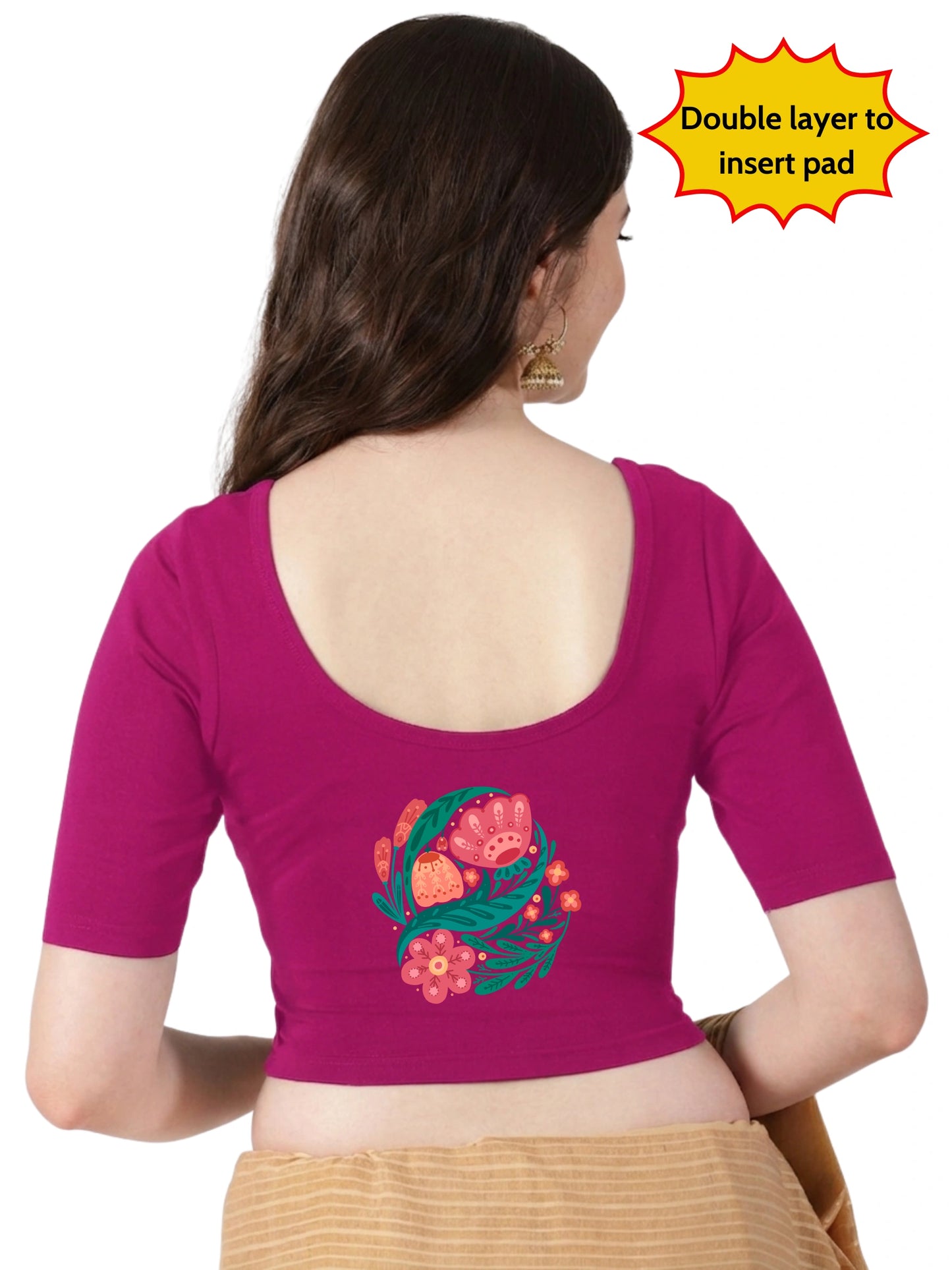 Women Front Open Back Printed Stretchable Half Sleeve Blouse U0265 Rani Pink