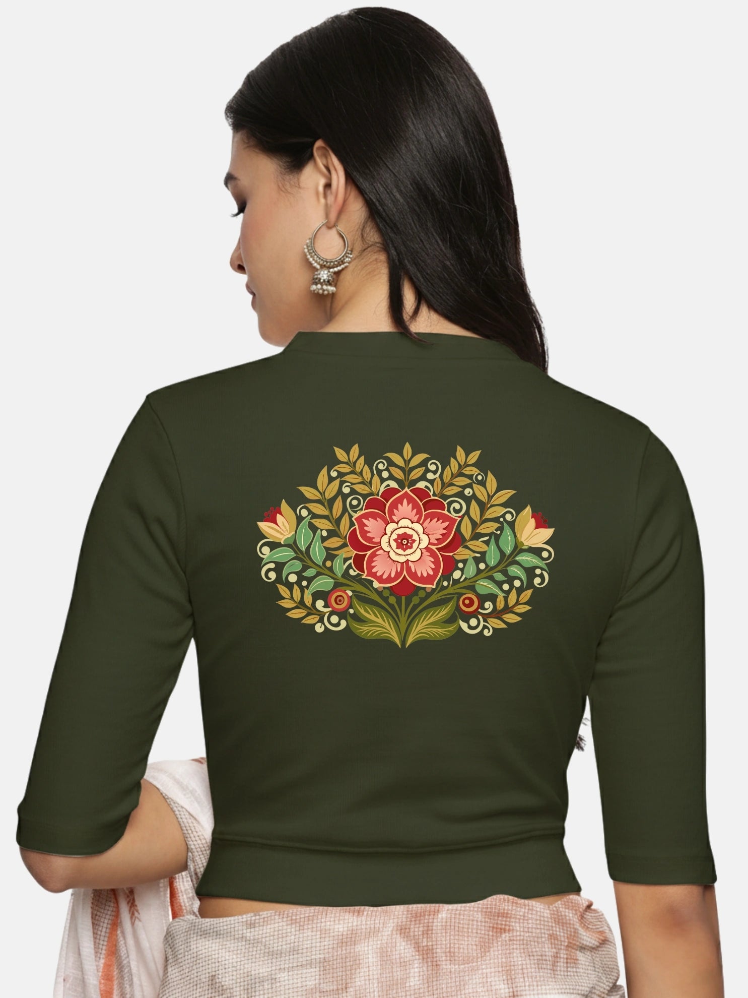 Women Back Printed Stretchable Elbow Sleeve RIB Blouse U0120 - notyetbyus