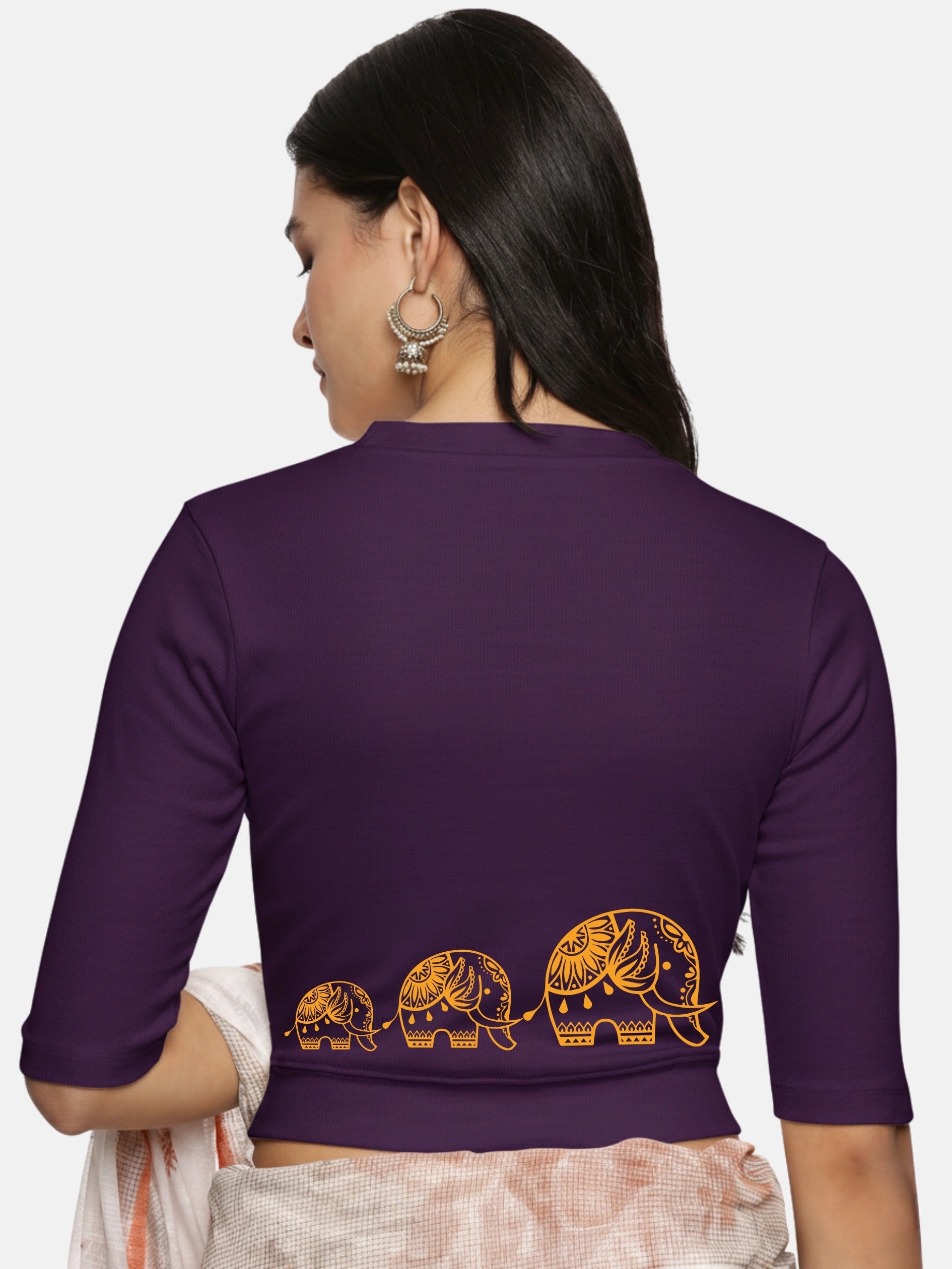 Women Back Printed Stretchable Elbow Sleeve RIB Blouse U0148 - notyetbyus