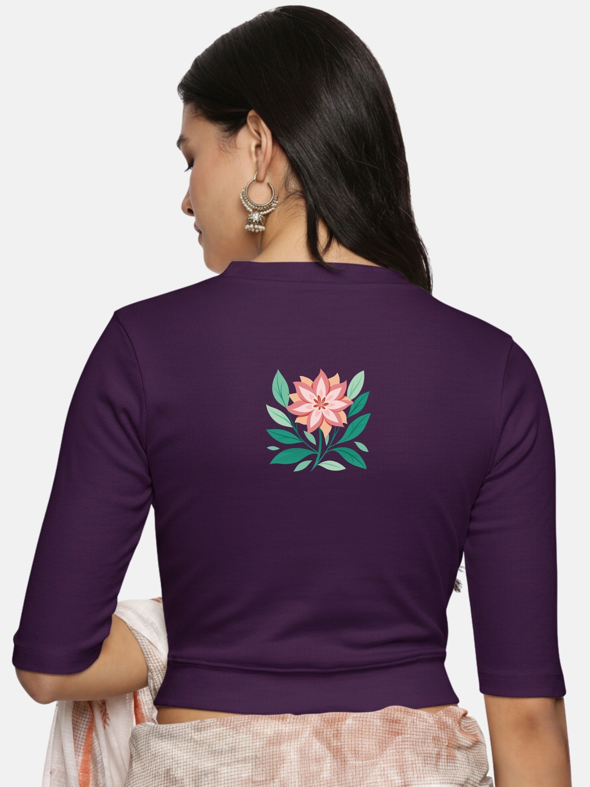 Women Back Printed Stretchable Elbow Sleeve RIB Blouse U0155 - notyetbyus