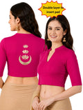 Women Mandarin Collar Back Gold Printed Stretchable Elbow Sleeve Blouse M0283 Rani Pink