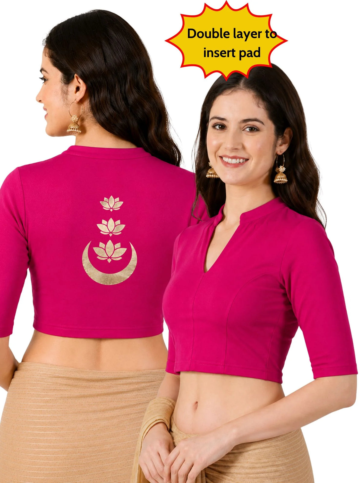 Women Mandarin Collar Back Gold Printed Stretchable Elbow Sleeve Blouse M0283 Rani Pink