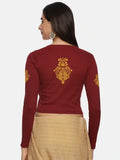 Women Back Printed Stretchable Full Sleeve V Neck RIB Blouse U0189 Maroon