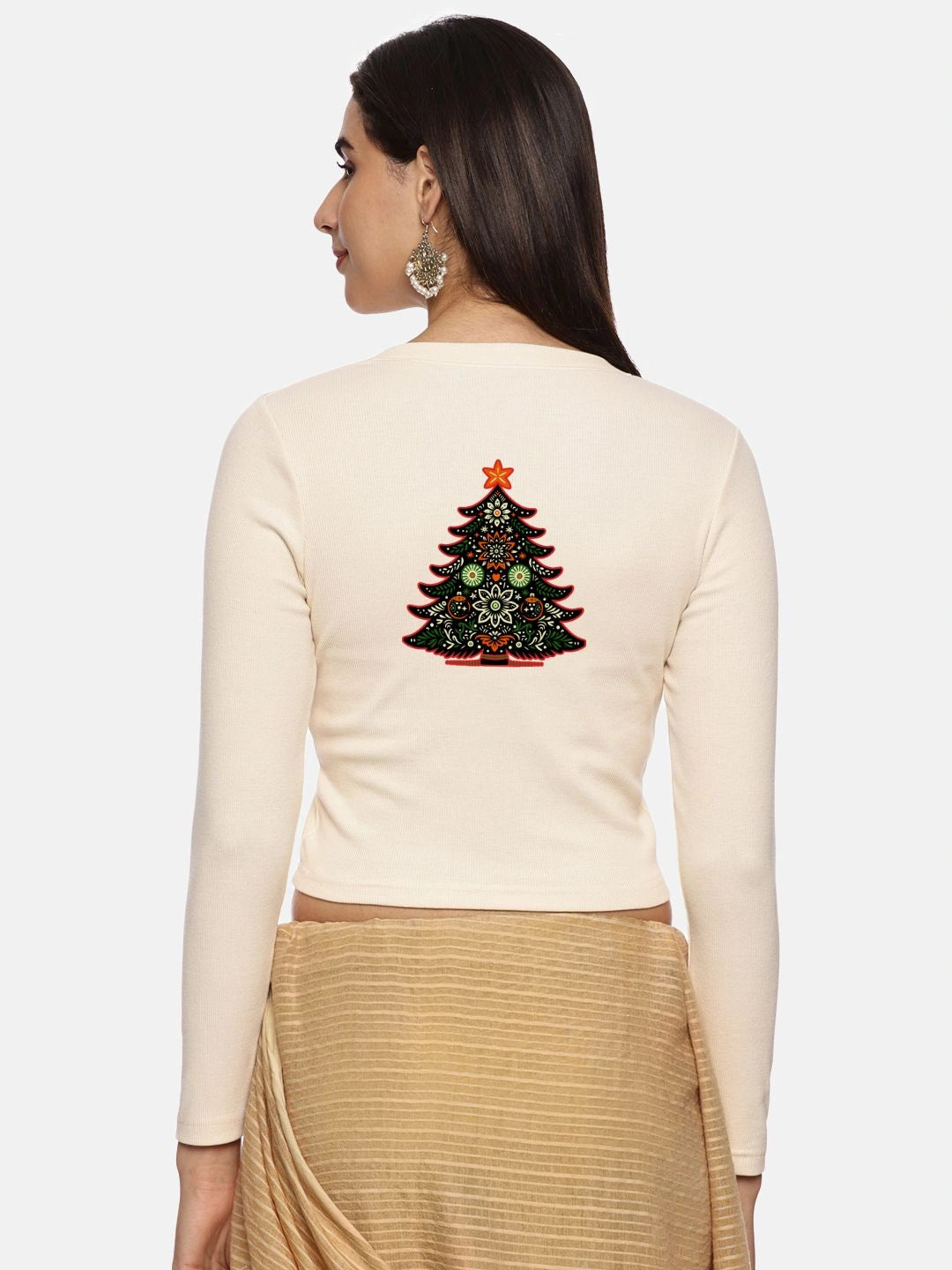 Women Back Printed Stretchable Full Sleeve V Neck RIB Blouse U0192