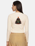 Women Back Printed Stretchable Full Sleeve V Neck RIB Blouse U0192 Cream