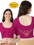 Women Front Open Back Printed Stretchable Half Sleeve Blouse U0264 Rani Pink