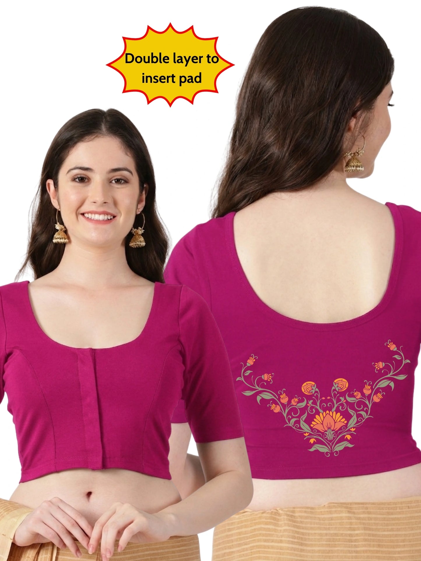Women Front Open Back Printed Stretchable Half Sleeve Blouse U0264 Rani Pink