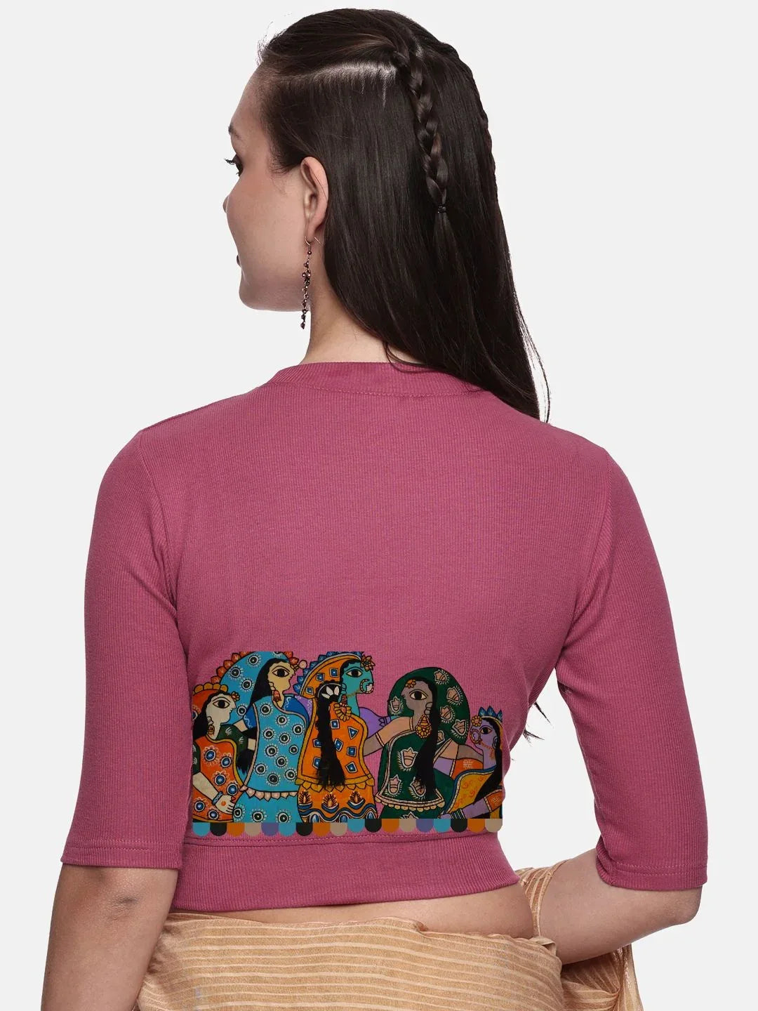 Women Back Printed Stretchable Elbow Sleeve RIB Blouse U0160 - notyetbyus