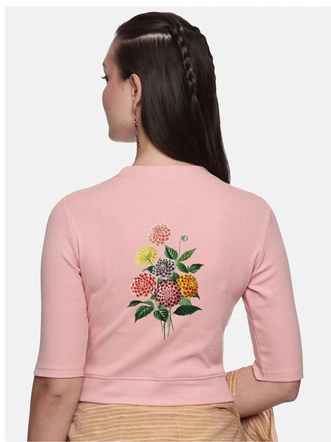 Women Back Printed Stretchable Elbow Sleeve RIB Blouse U0171 - notyetbyus