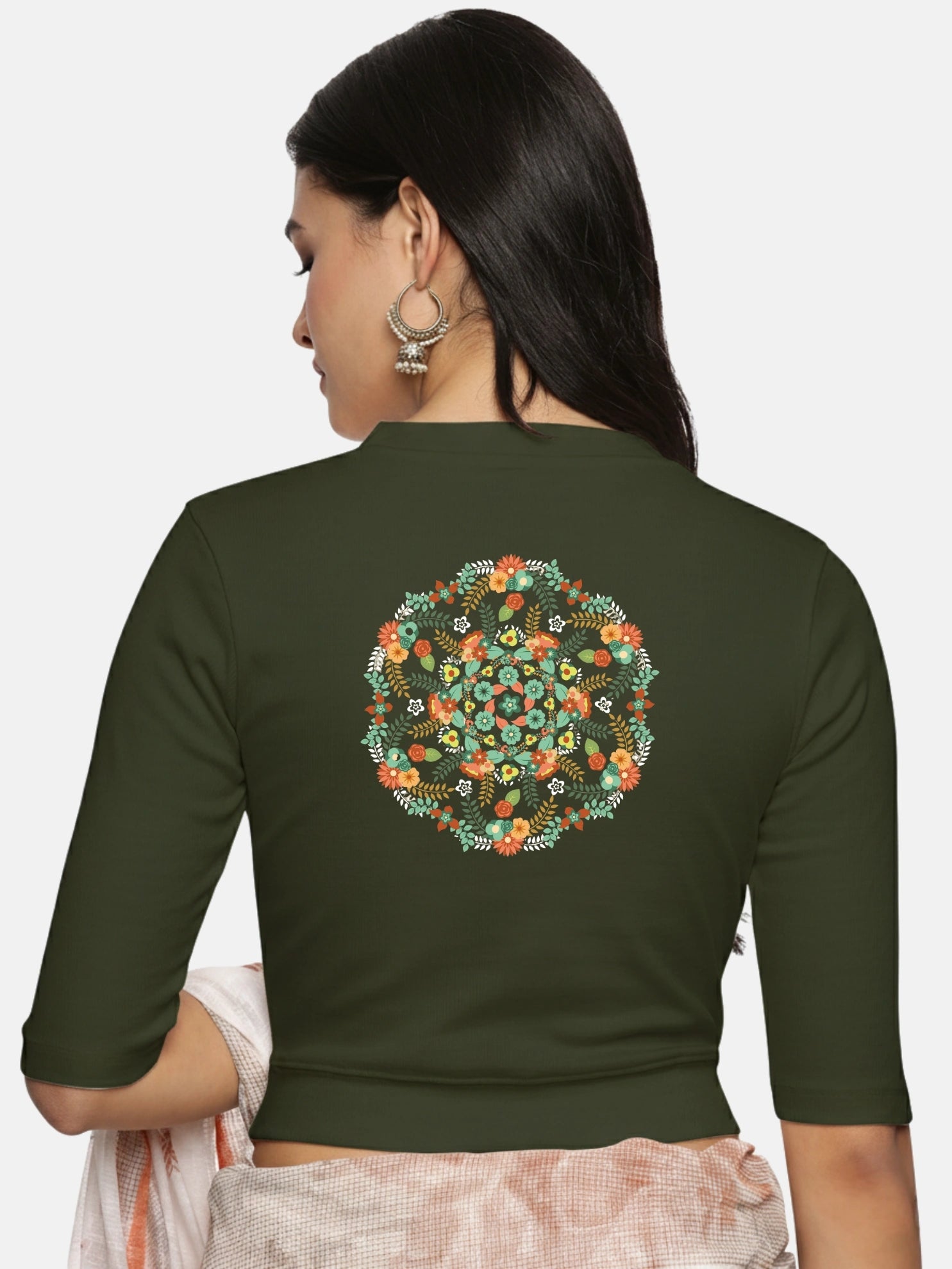 Women Back Printed Stretchable Elbow Sleeve RIB Blouse U0119 - notyetbyus