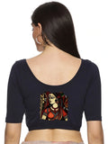 Women Back Printed Stretchable Half Sleeve Blouse U0162 Navy