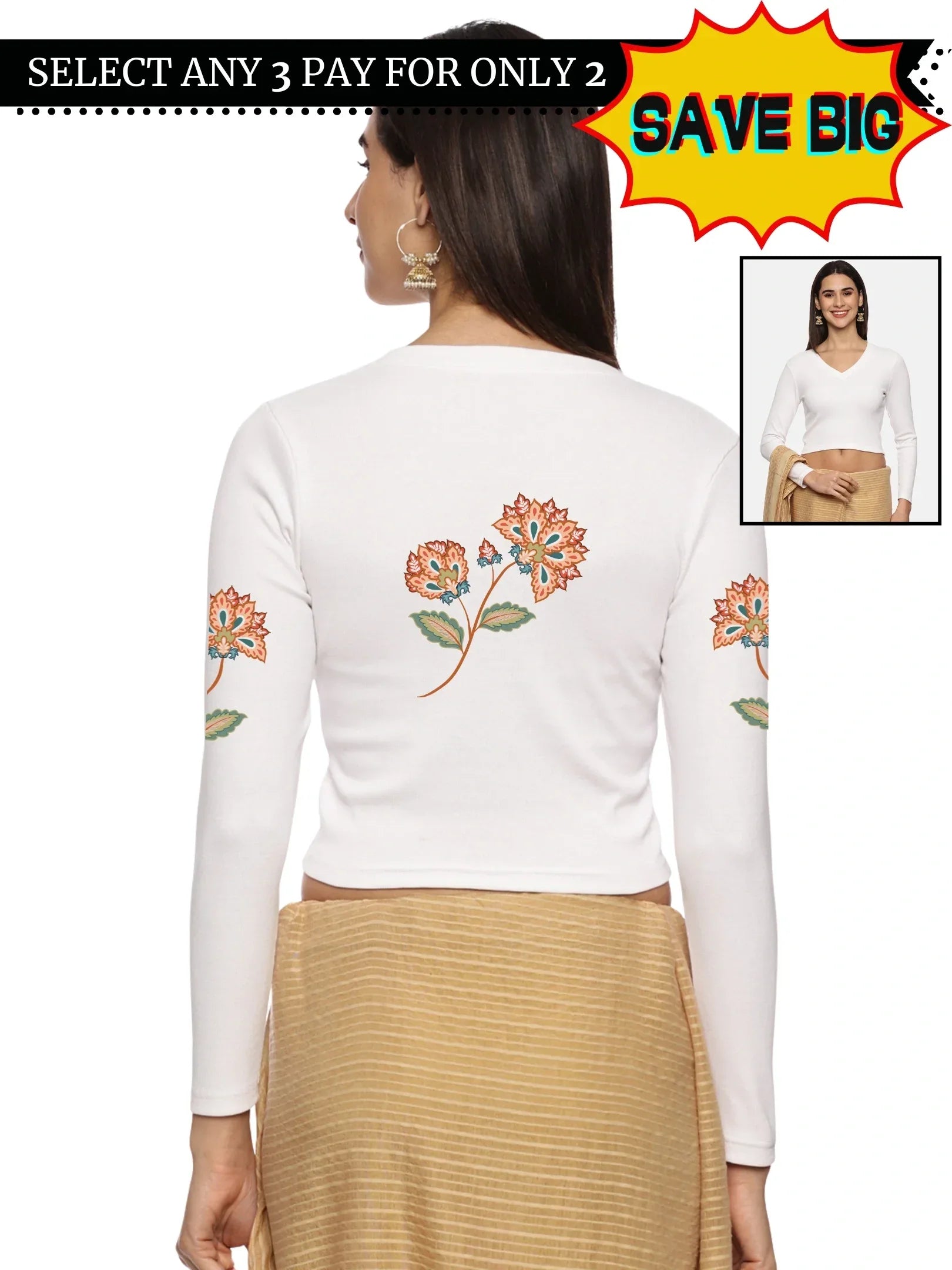 Women Back Printed Stretchable Full Sleeve V Neck RIB Blouse U0211 - notyetbyus