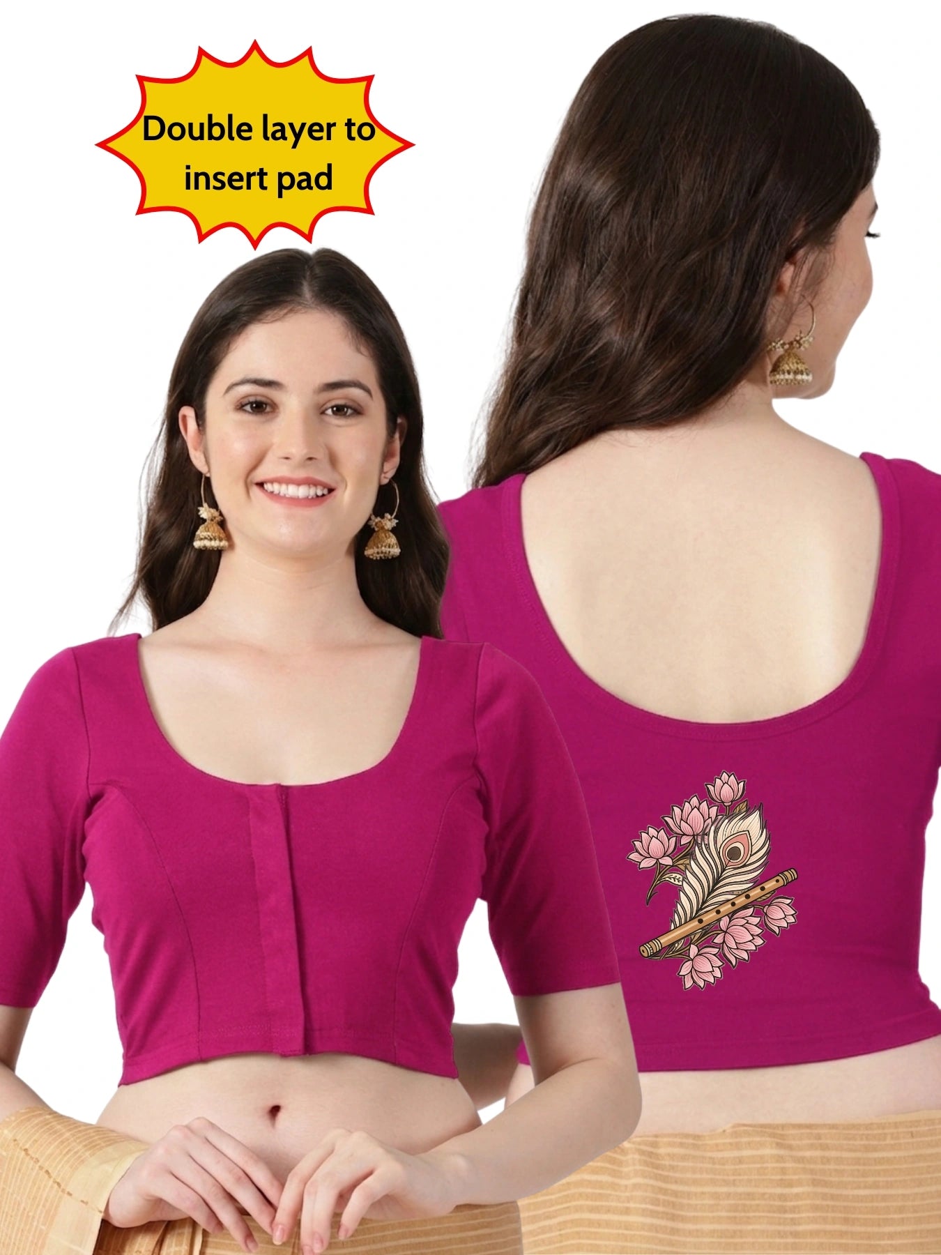 Women Front Open Back Printed Stretchable Half Sleeve Blouse U0262 Rani Pink