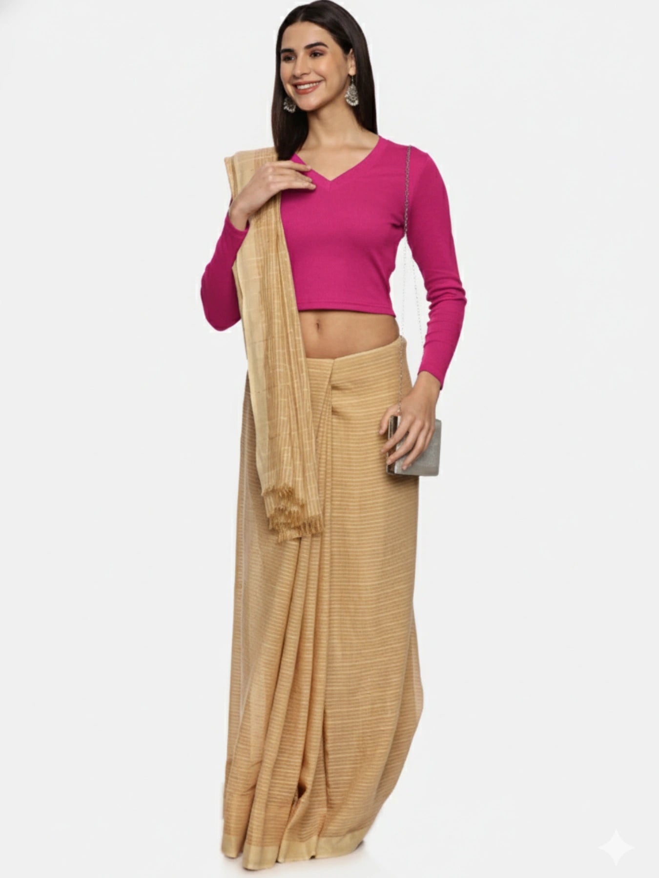 Women Plain Stretchable Full Sleeve V Neck RIB Blouse U0191  Rani Pink