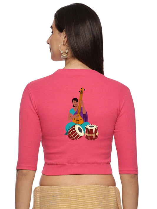 Women Back Printed Stretchable Elbow Sleeve RIB Blouse U0172 Baby Pink