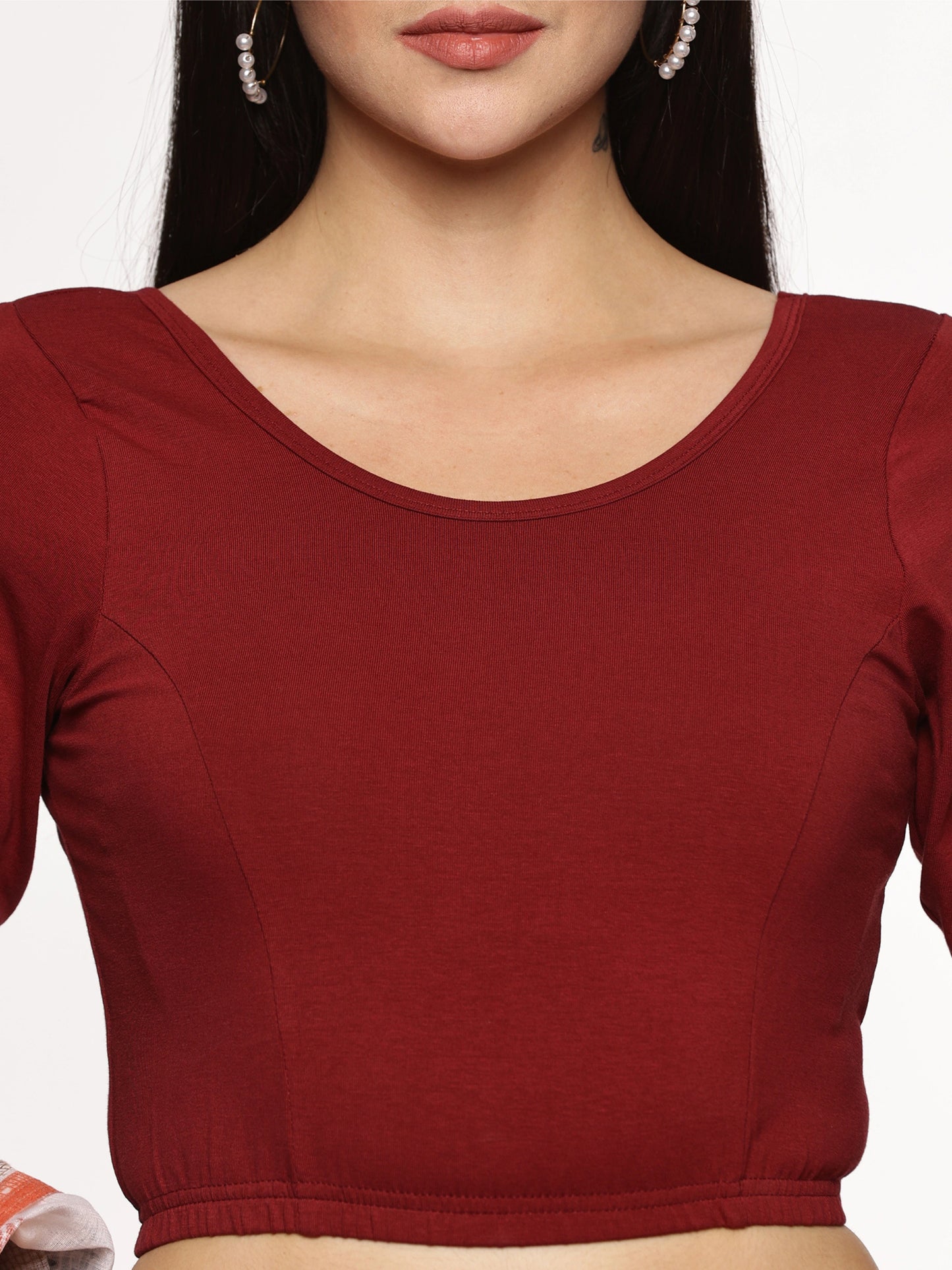 Women Plain Stretchable Half Sleeve Blouse U01A Maroon