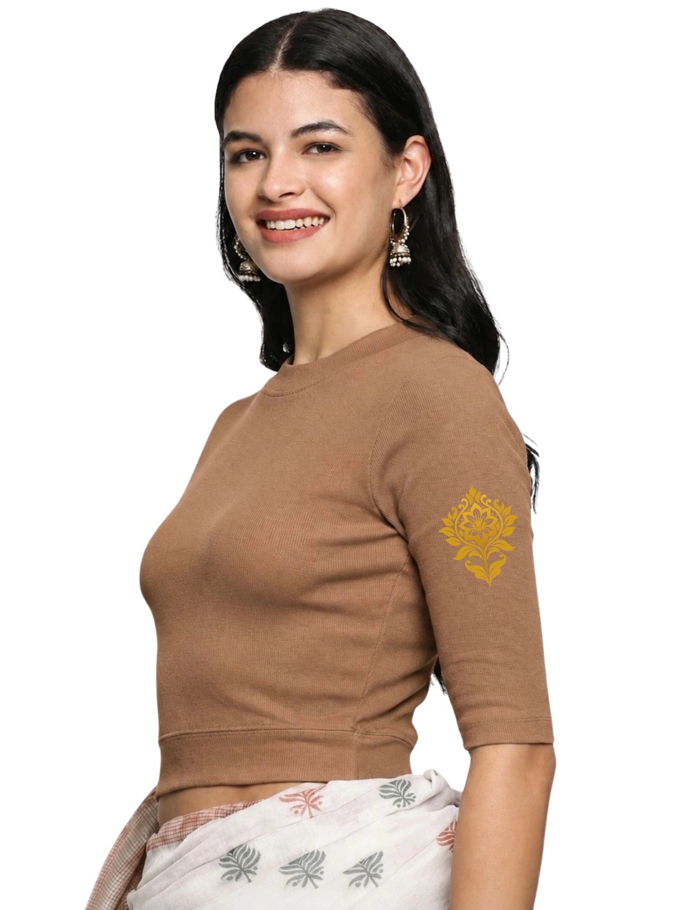 Women Back Printed Stretchable Elbow Sleeve RIB Blouse U0116 Biscuit